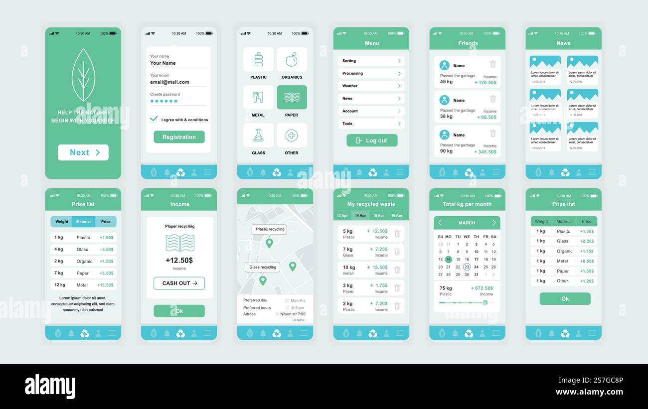 Set of UI, UX, GUI screens Ecology app flat design template for mobile ...