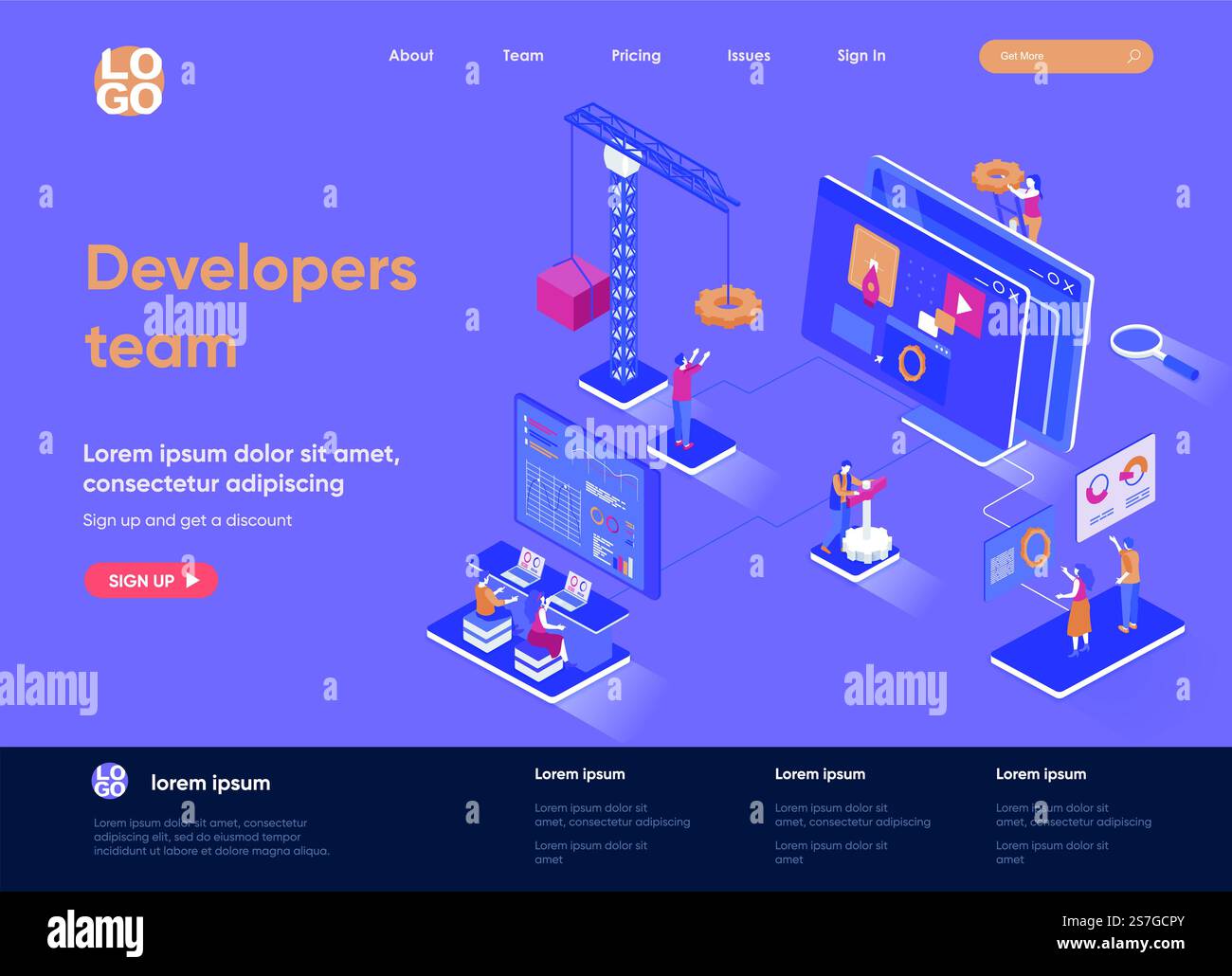 Developers team isometric landing page. Full stack software development company isometry concept. App engineering, programming and testing flat web page. Vector illustration with people characters. Stock Vector