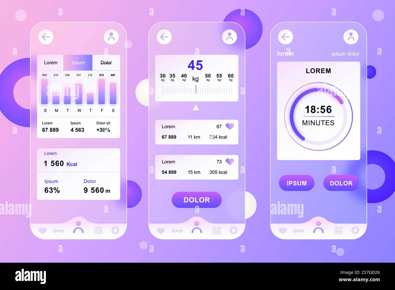Fitness workout neumorphic elements kit for mobile app. Weight graph ...