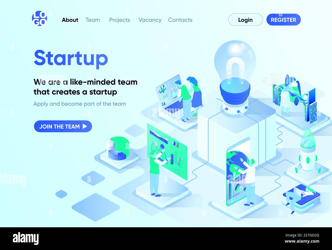 Startup project isometric landing page. Startup founding, business idea ...