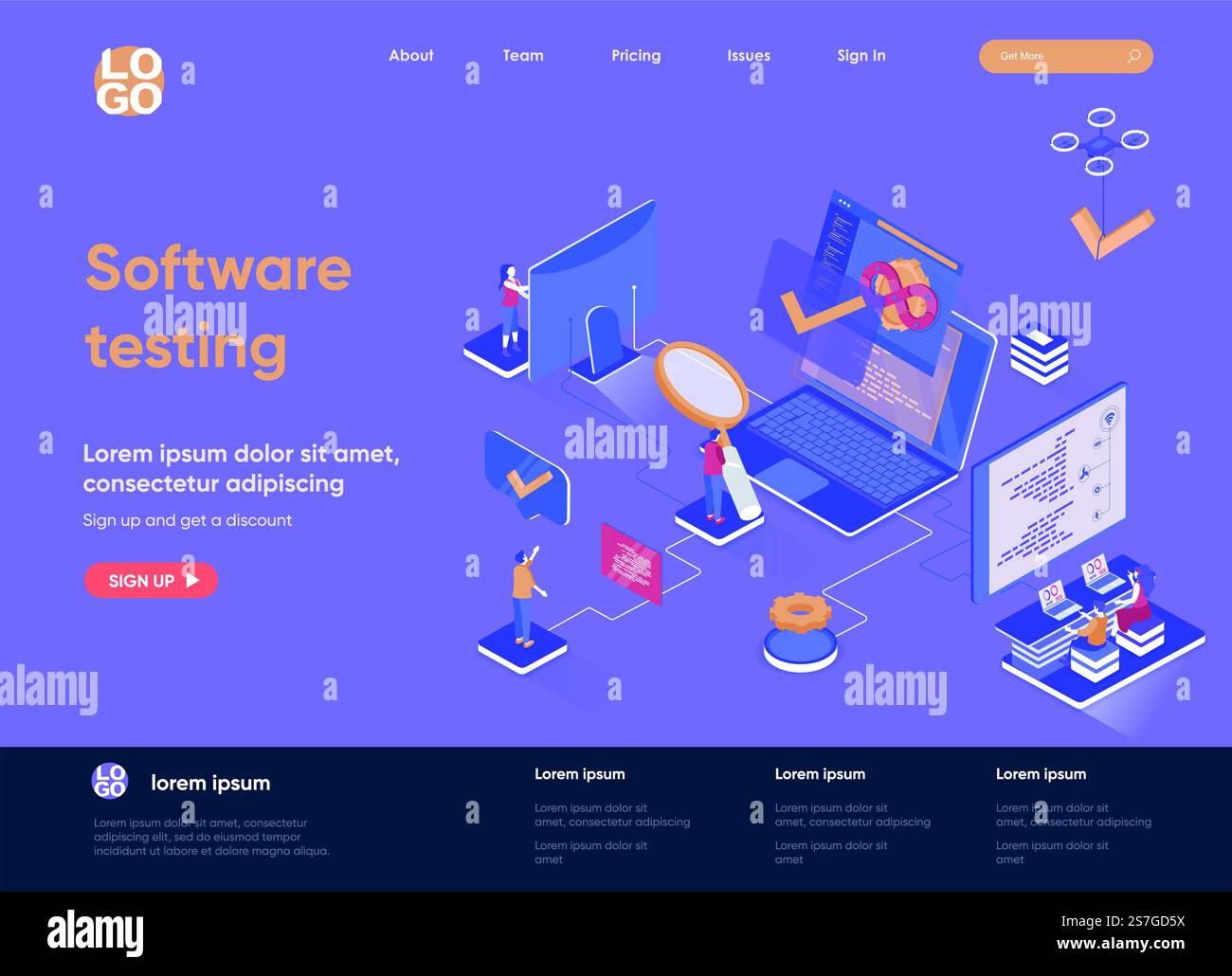 Software testing isometric landing page. Software testing and quality assurance, search of bugs and analysis process isometry web page. Website template, vector illustration with people characters. Stock Vector