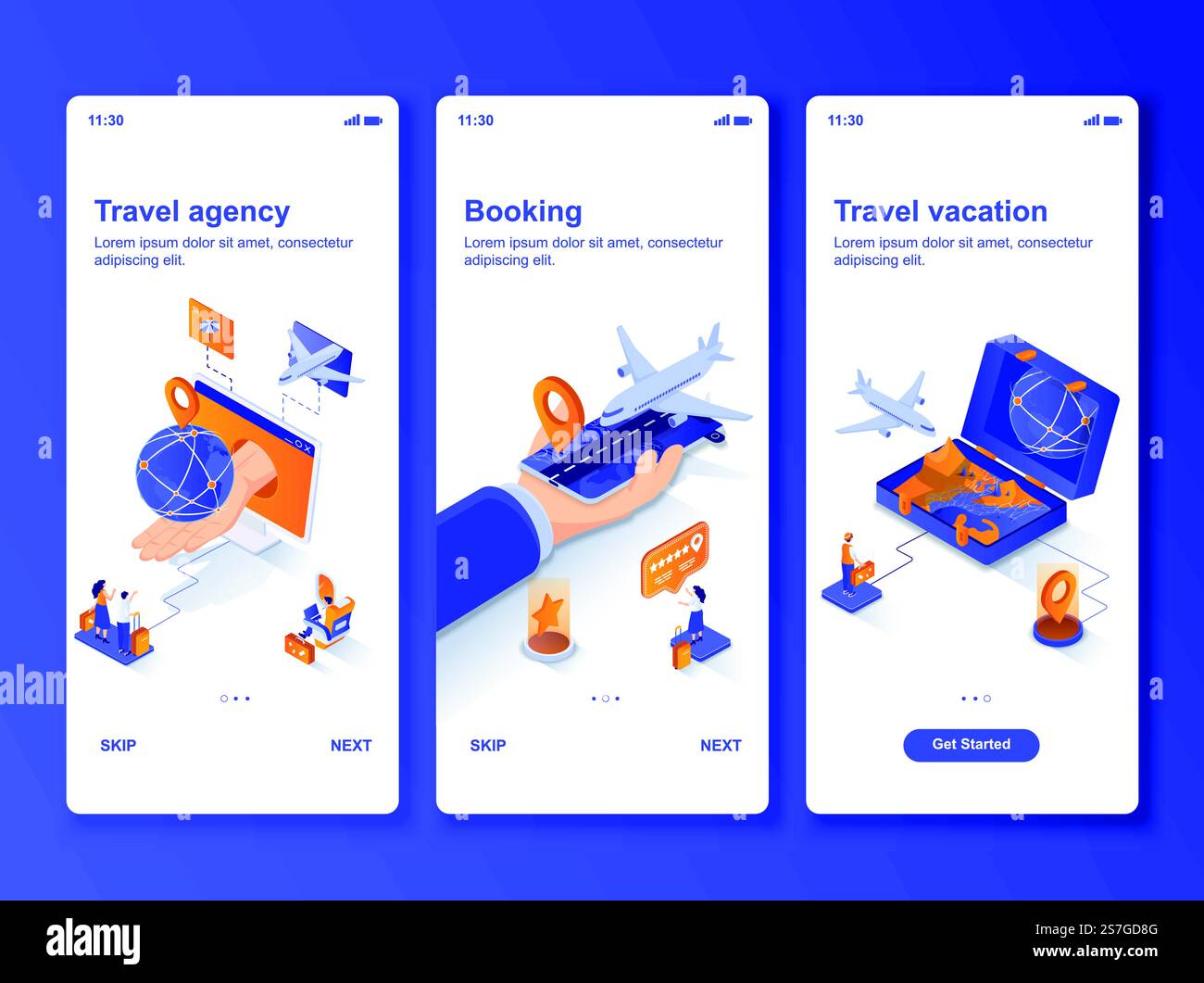 Travel vacation isometric GUI design kit. Hotels and airplane tickets ...