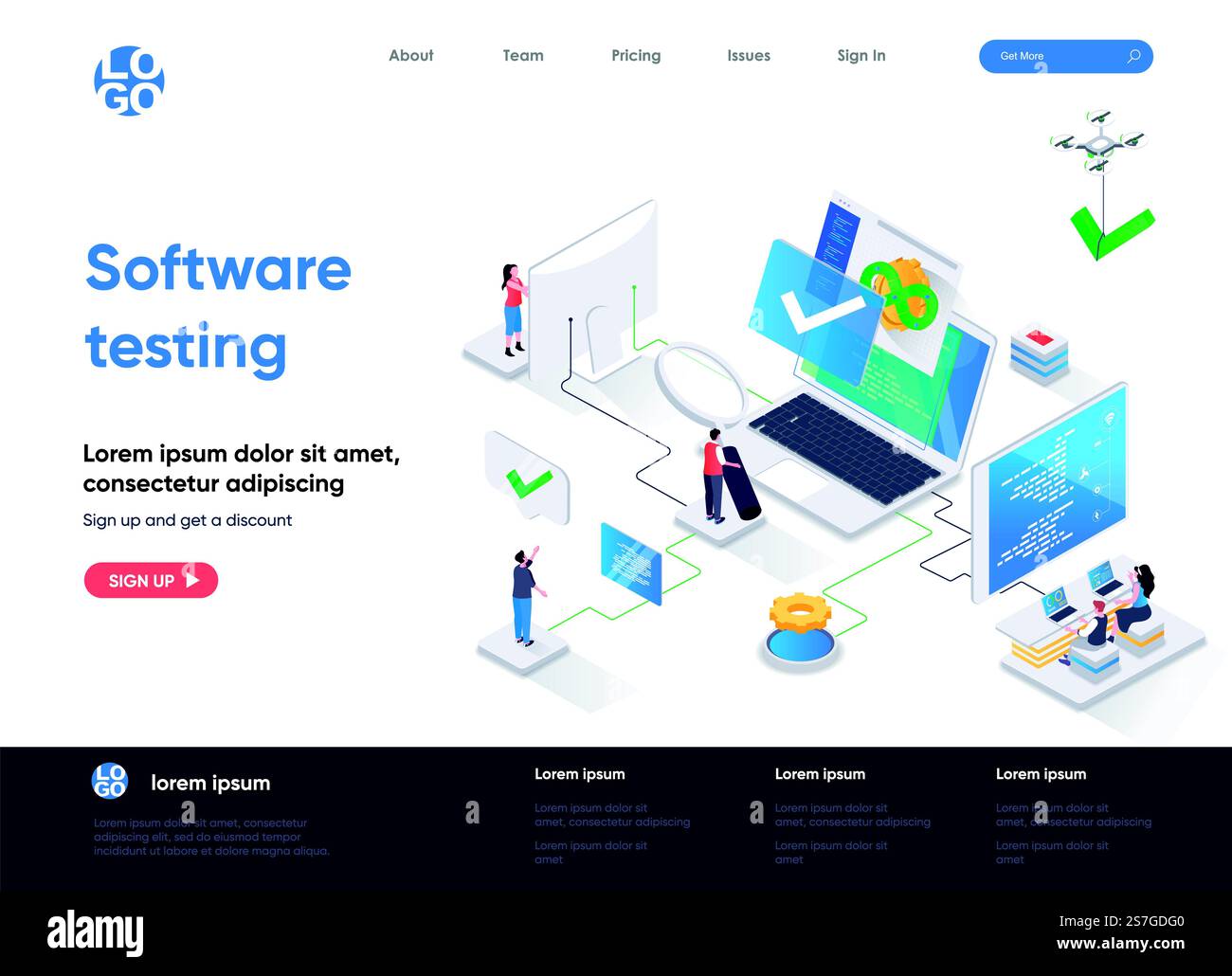 Software testing isometric landing page. Software testing and quality assurance, search of bugs and analysis process isometry web page. Website template, vector illustration with people characters. Stock Vector