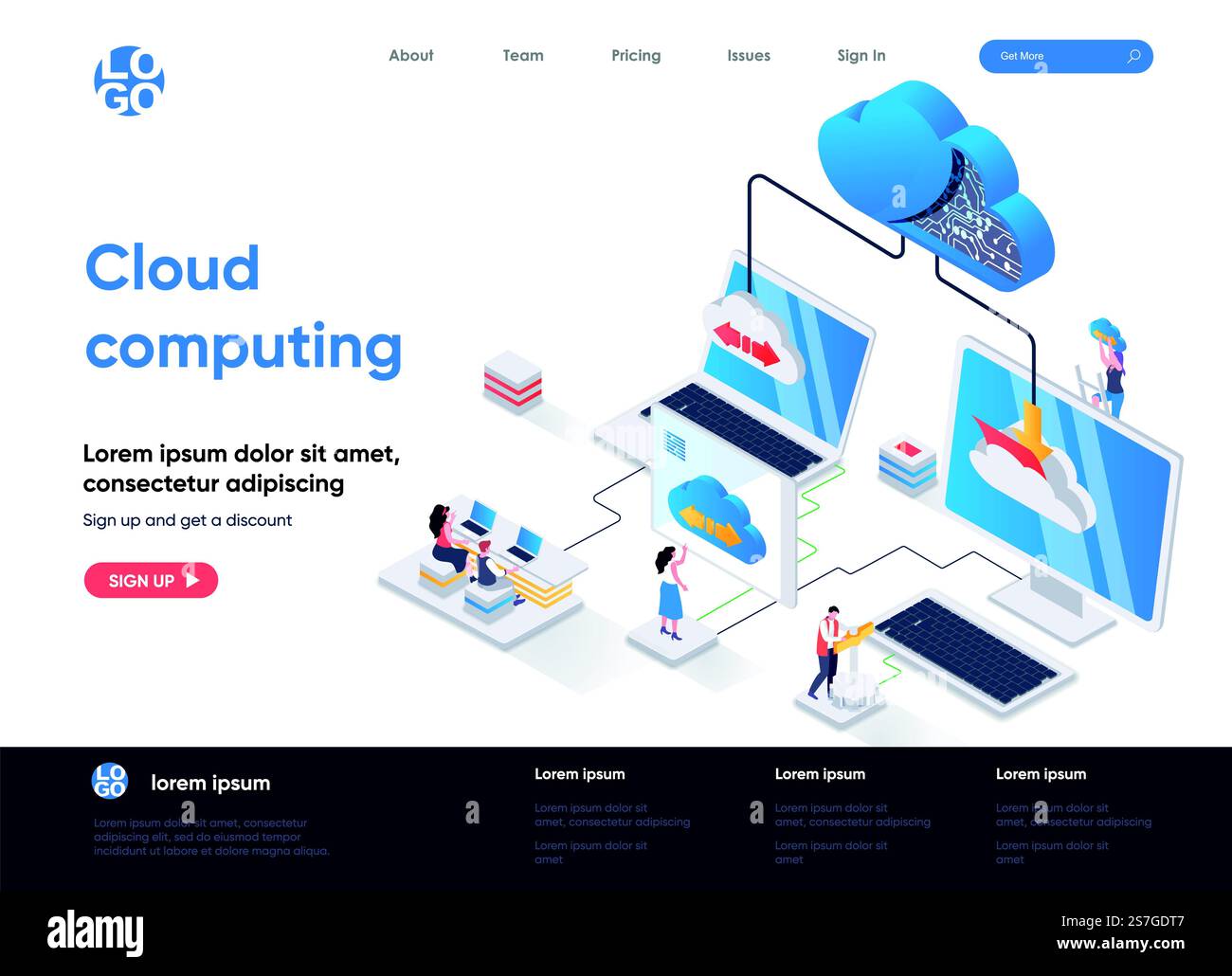 Cloud computing isometric landing page. Hosting platform, big data processing, cloud database administration isometry web page. Website flat template, vector illustration with people characters. Stock Vector