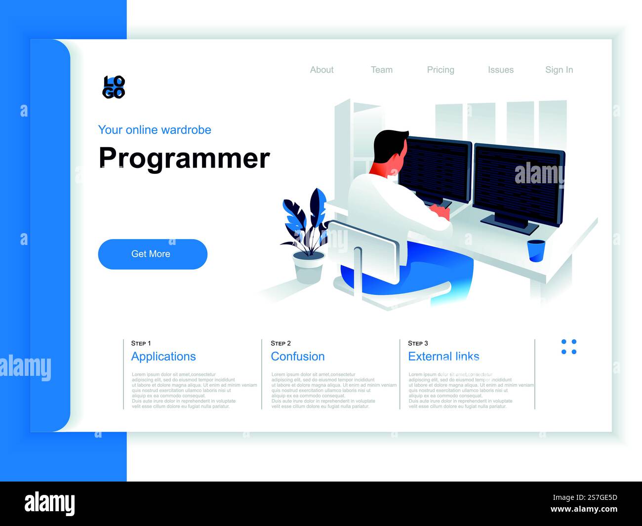 Software development isometric landing page. Programmer working with computer in office situation. Web application programming and testing, frontend and backend development perspective flat design. Stock Vector