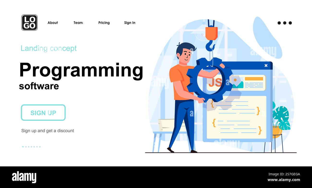 Programming software web concept. Man configures program, develops code ...