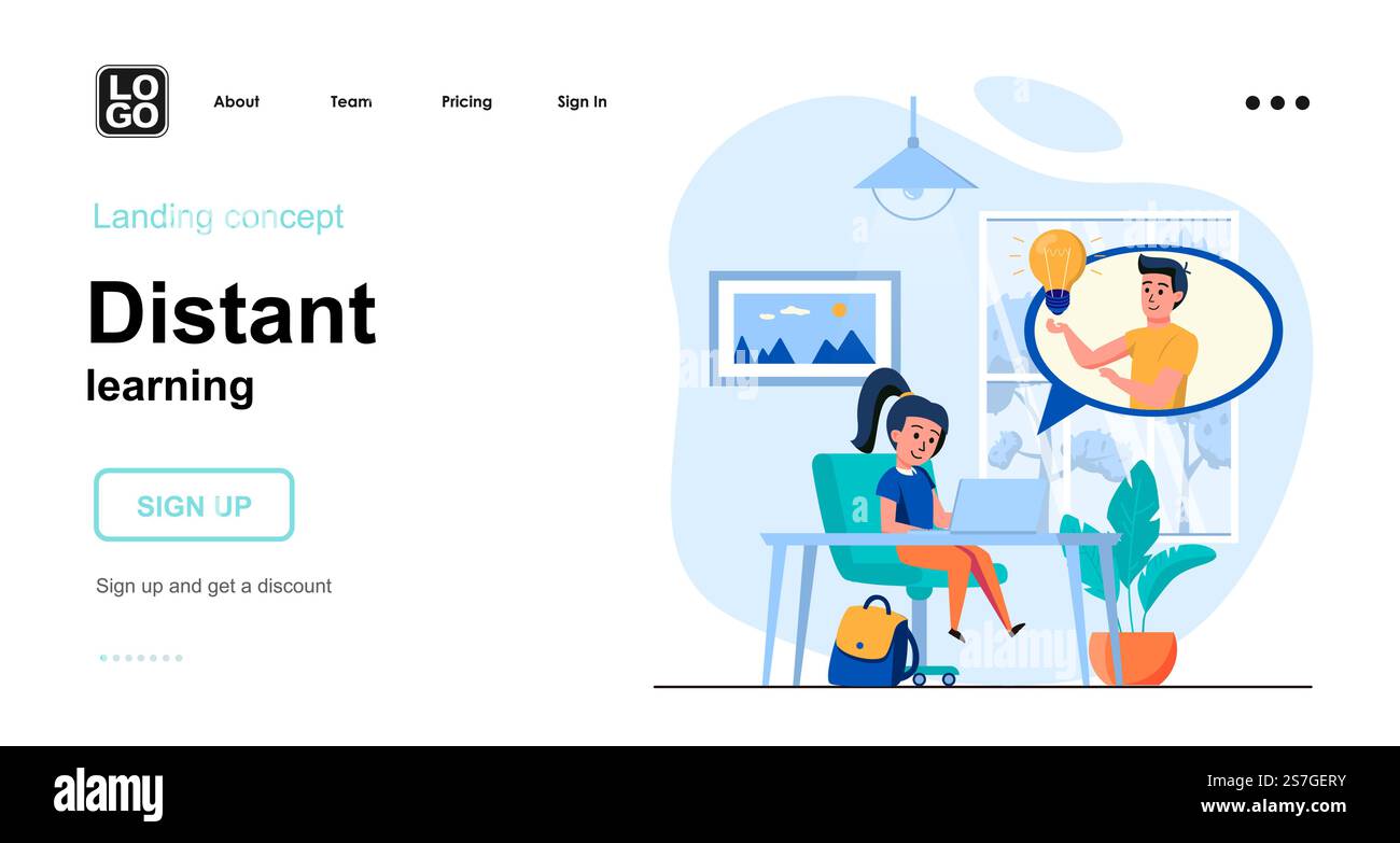 Distant learning web concept. Girl student doing homework, watching ...