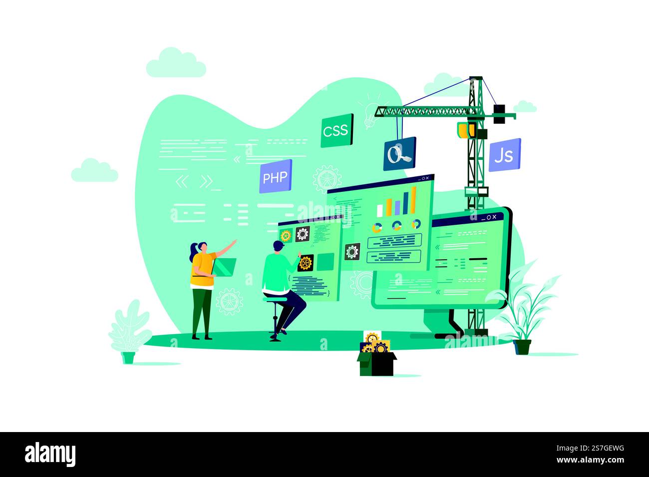 Web development concept in flat style. Developers team construct web ...