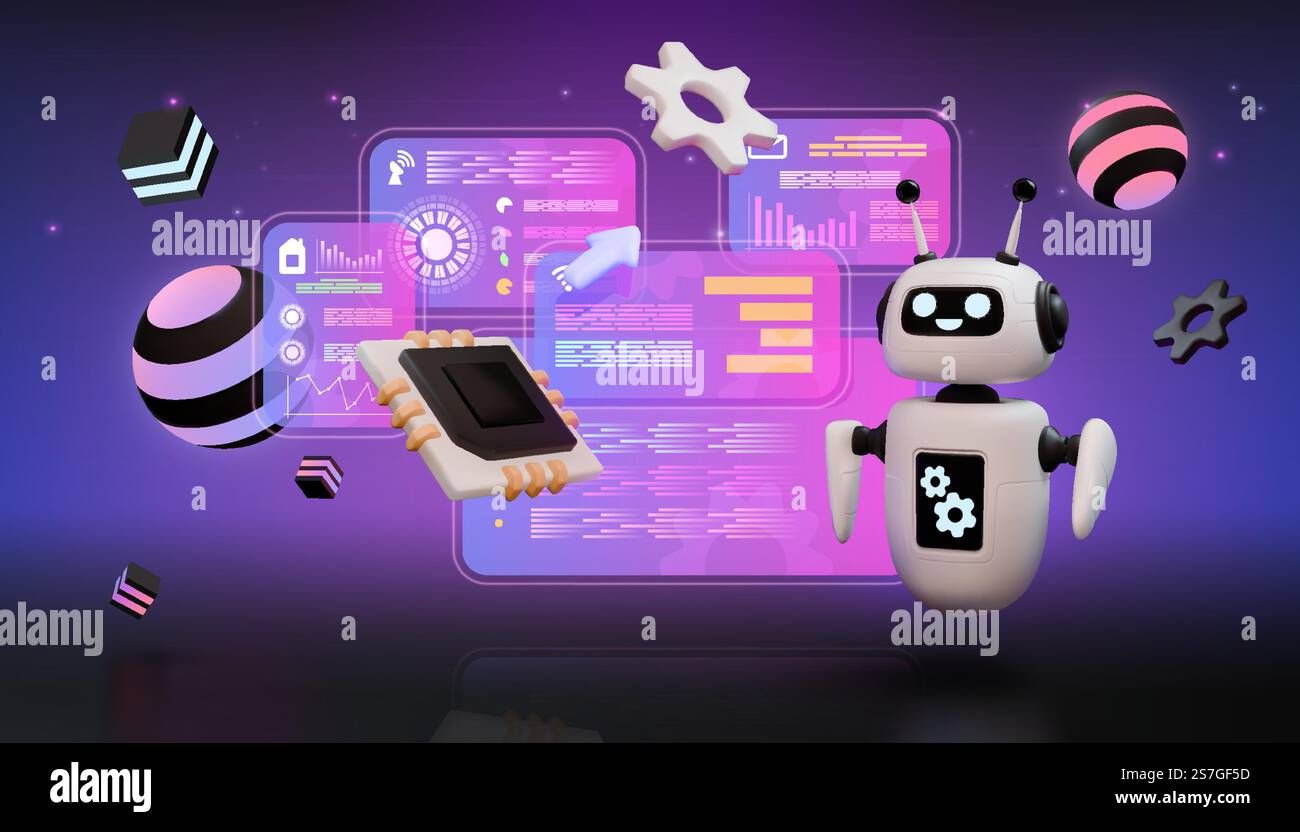 AI technology. 3D futuristic robot. Digital HUD data text or virtual software bot. Tech programming. Computer microchip. Android artificial intelligen Stock Vector