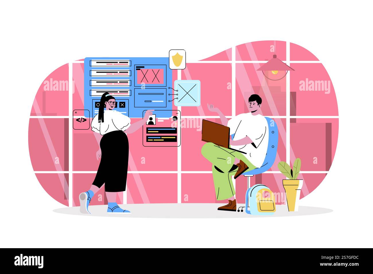 Programming software web character concept. Development team creates programs, testing security, optimization settings isolated scene with persons. Vector illustration with people in flat design Stock Vector