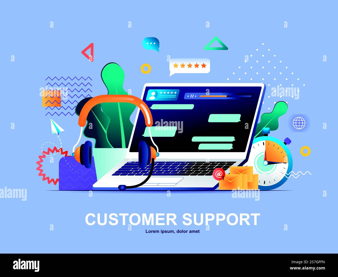 Customer support flat concept with gradients. Call center service, online assistance web template. Hotline consultation and help chat 3d composition, technical support chatbot vector illustration.. Customer support flat concept with gradients. Stock Vector