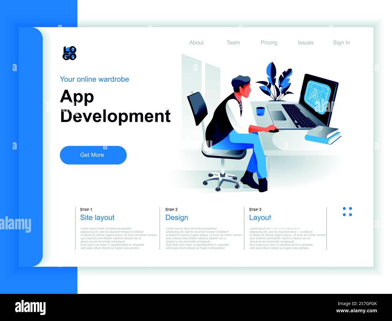 App development isometric landing page. Programmer working with computer in office situation. UI, UX responsive design, application programming and testing cross platform code perspective flat design. Stock Vector