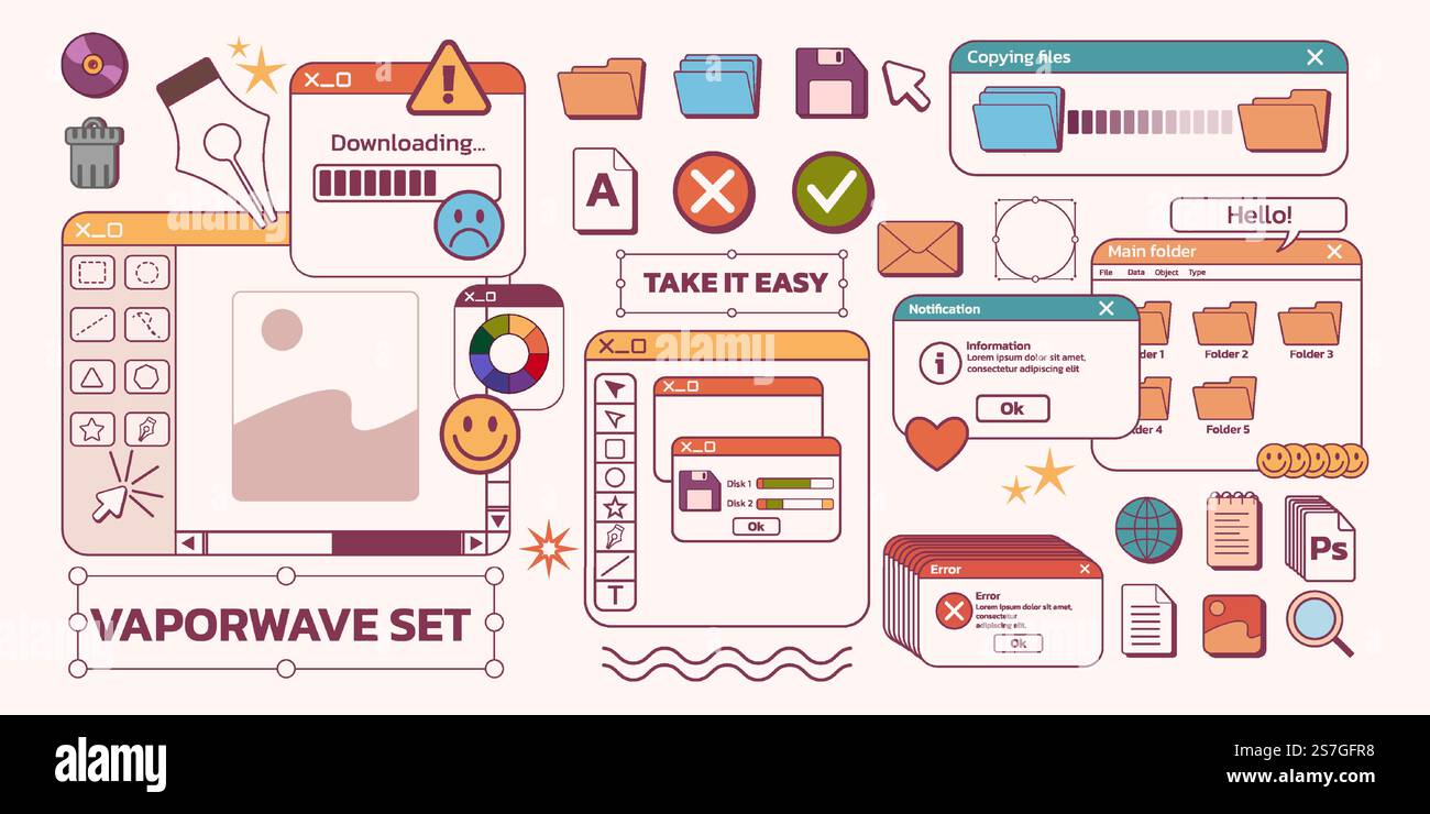 Retro interface. Windows web design. Vintage 90s UI screen or game graphics digital template. PC frame. Document folder. Error message. Computer old b Stock Vector