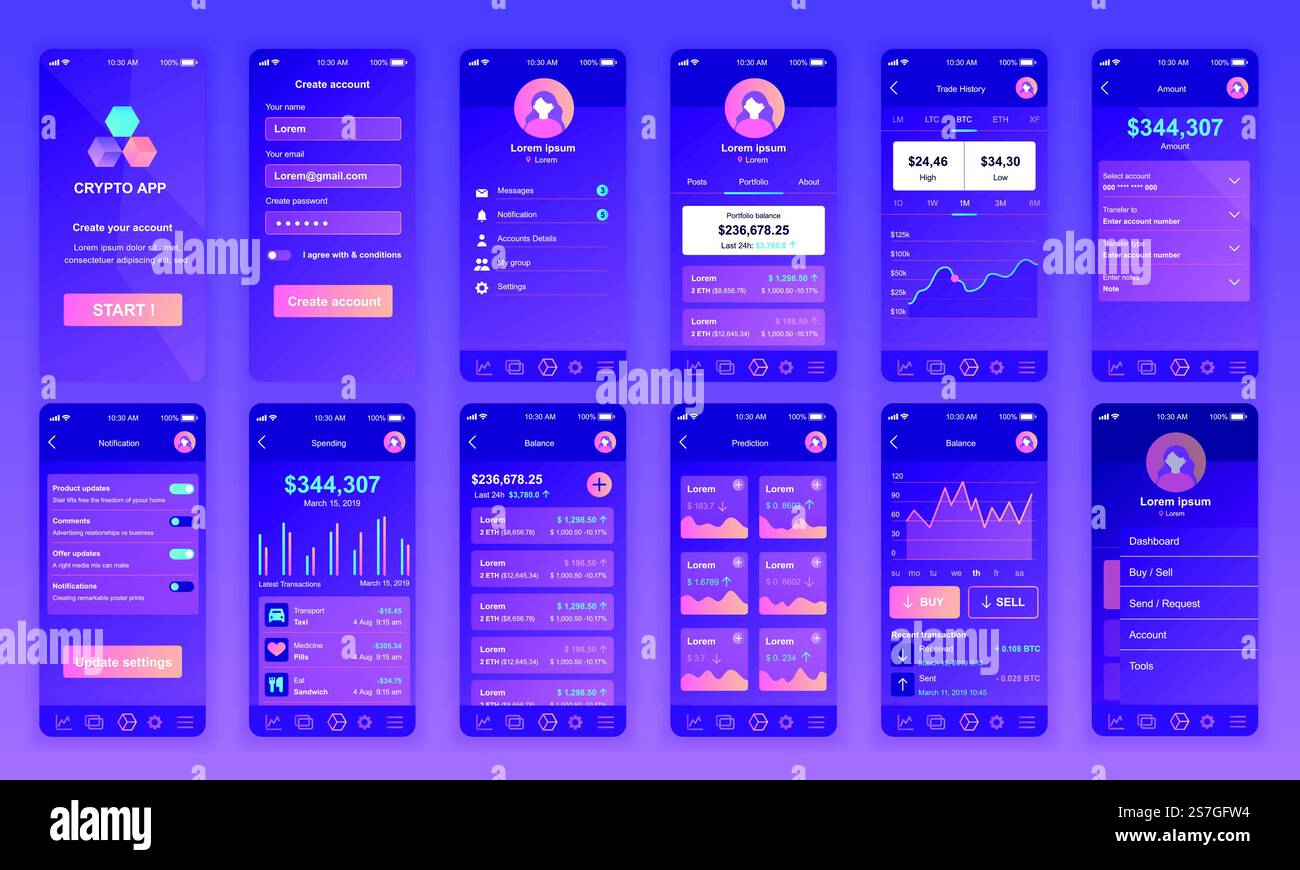 Set of UI, UX, GUI screens Cryptocurrency app flat design template for ...