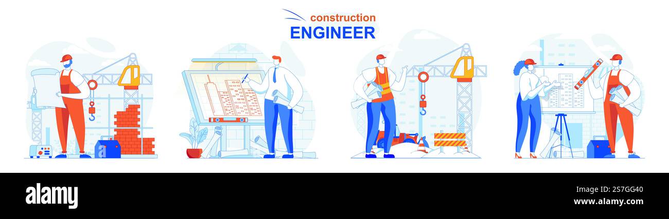 Construction engineer concept set. Architect with plan, contractor ...