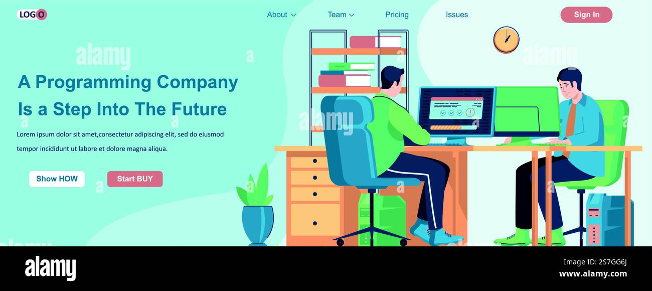 Programming Company Is a Step Into The Future web banner concept. Programmers develop software, work on computers landing page template. Vector illustration with people characters in flat design Stock Vector