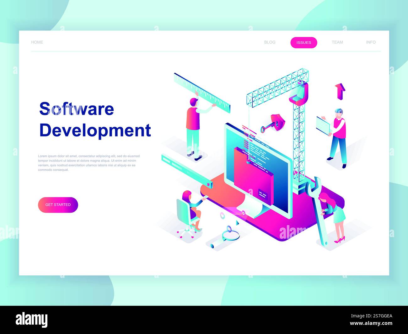 Modern flat design isometric concept of Software Development for banner and website. Isometric landing page template. Developing programming and coding technologies. Vector illustration. Stock Vector