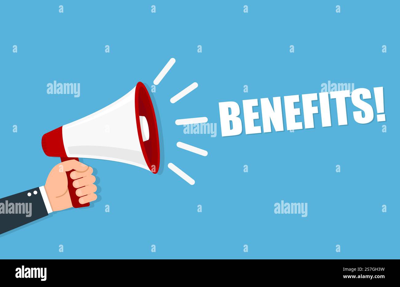 Hand holding megaphone - Benefits. Vector illustration. Stock Vector