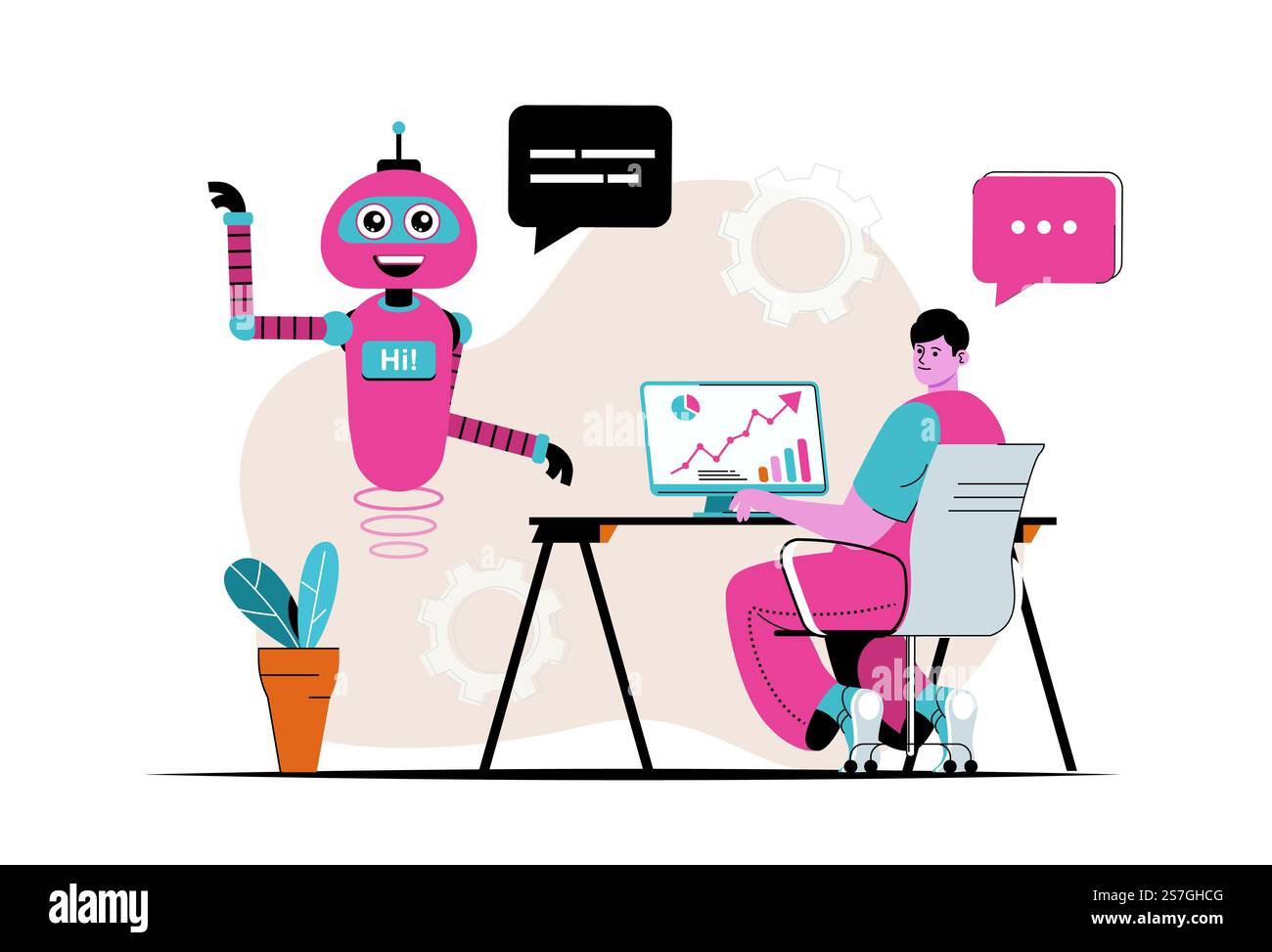 Virtual assistant concept isolated. Customer support by bots robots at online chats. People scene in flat cartoon design. Vector illustration for blogging, website, mobile app, promotional materials. Stock Vector