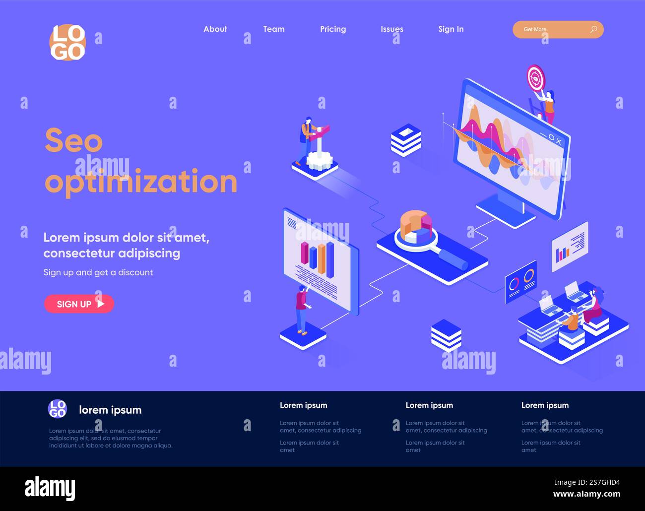 Seo optimization isometric landing page design. Internet analytics ...