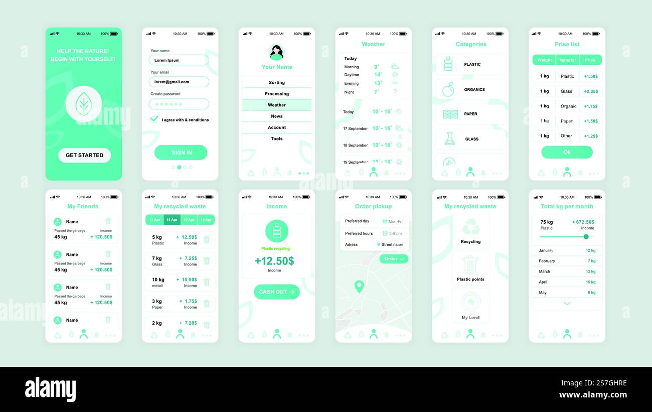 Set of UI, UX, GUI screens Ecology app flat design template for mobile ...