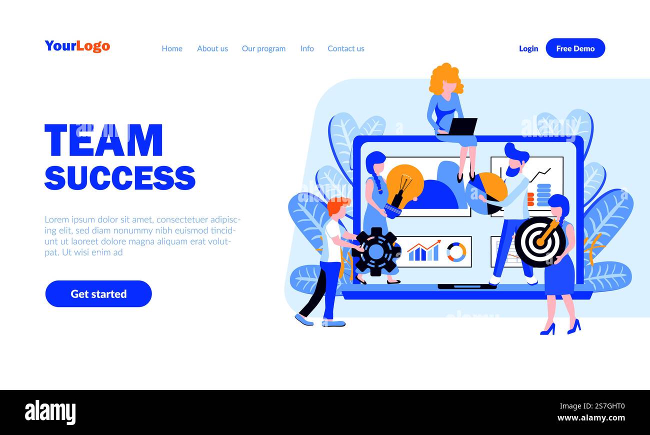 Team success flat landing page template with header. Business ...