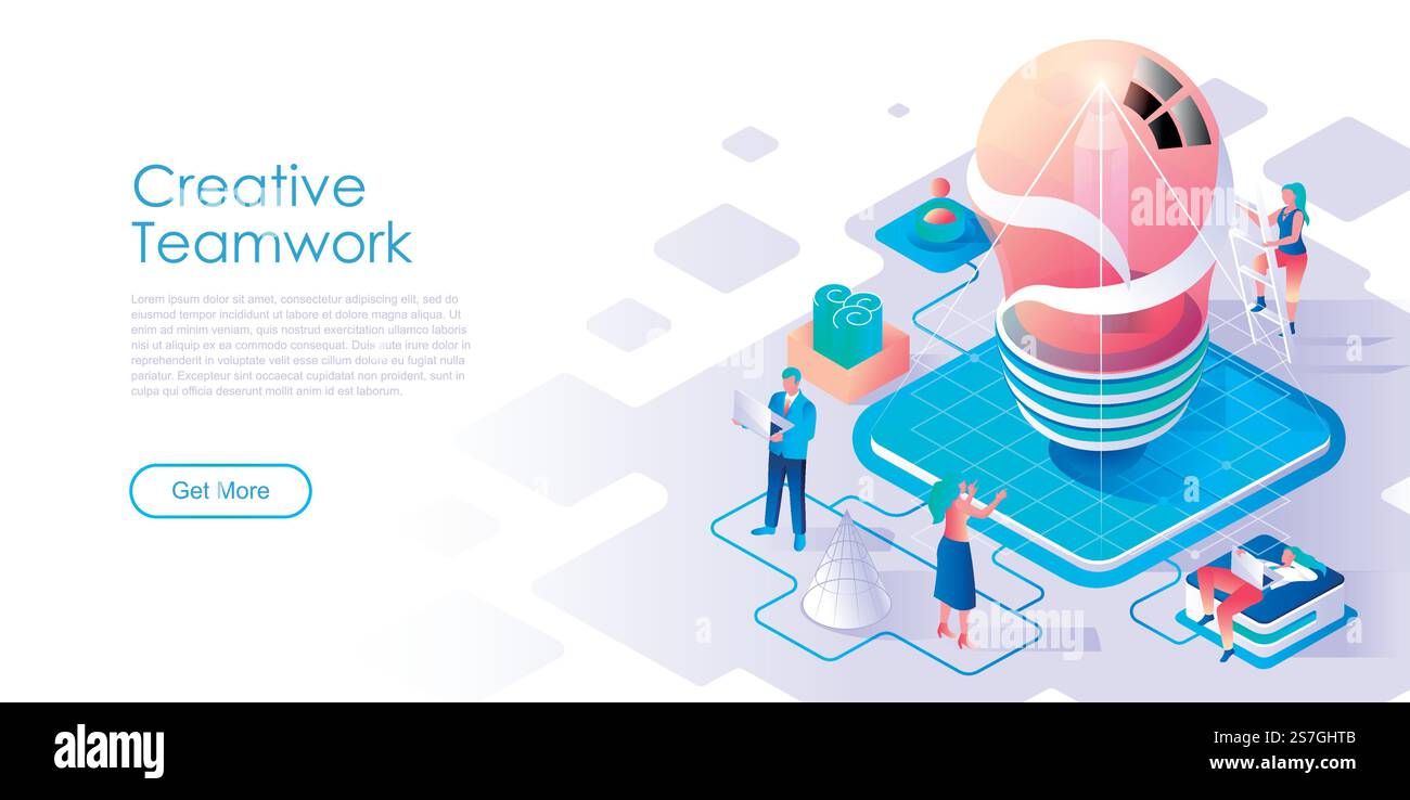 Creative teamwork isometric landing page vector template. Start up ...