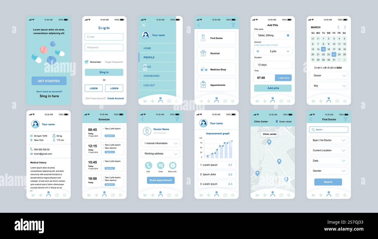 Set of UI, UX, GUI screens Medicine app flat design template for mobile ...