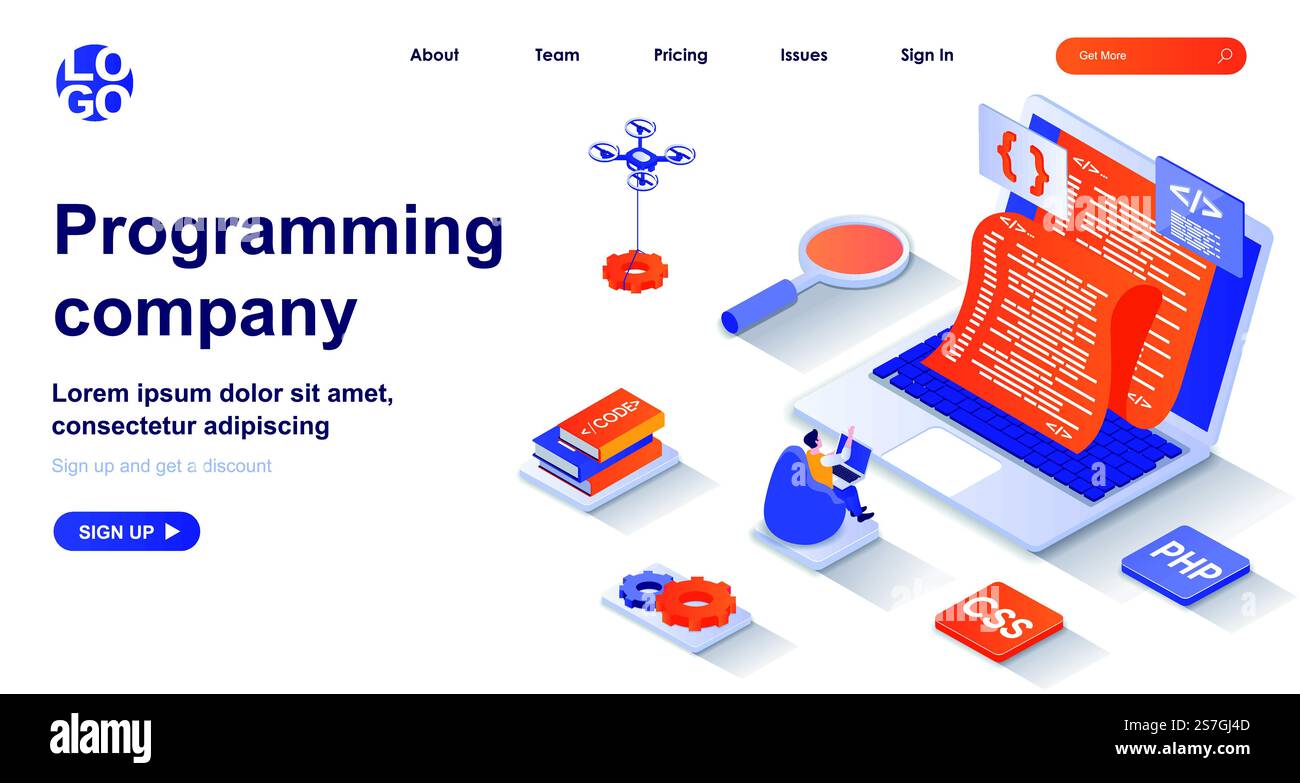 Programming company isometric landing page. Development of programs and app isometry concept. Programmer coding, testing code 3d web banner. Vector illustration with people characters in flat design Stock Vector