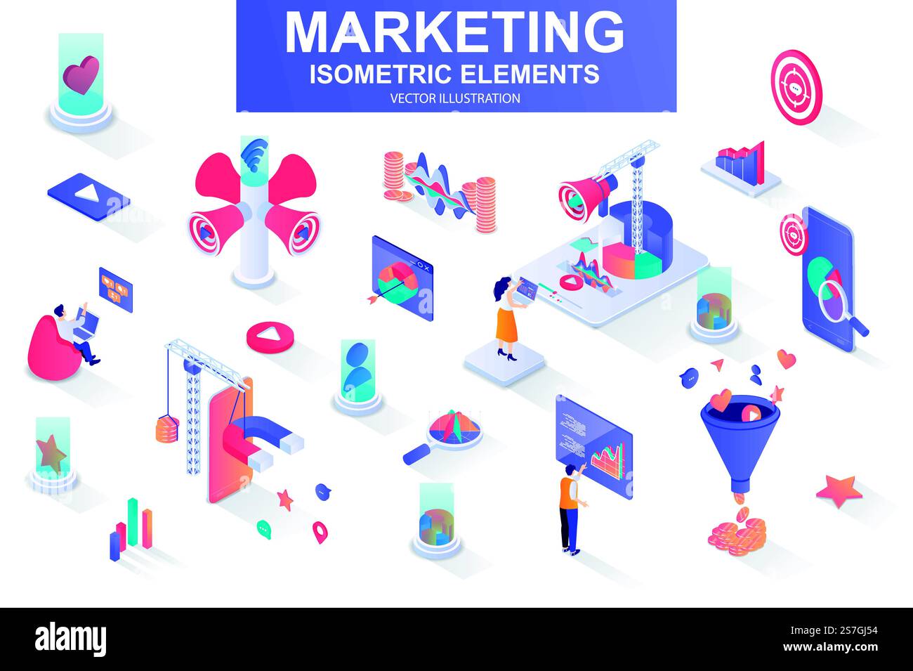 Marketing strategy bundle of isometric elements. Marketing funnel, lead ...