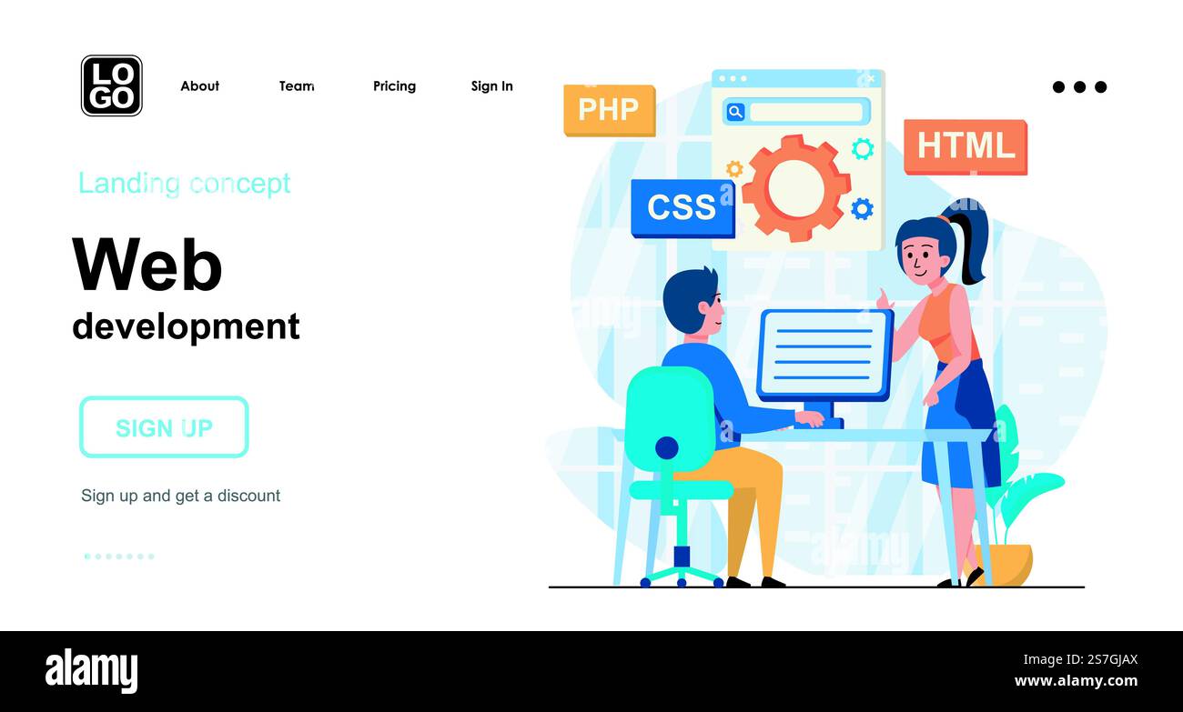 Web development web concept. Programmers coding code, creates page layout, setting up search engine. Template of people scene. Vector illustration with character activities in flat design for website Stock Vector