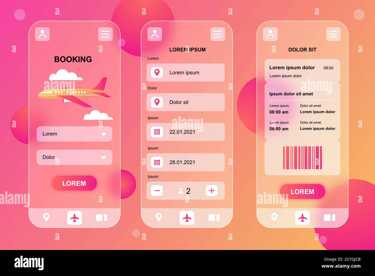 Travel booking neumorphic elements kit for mobile app. Airplane ticket ...