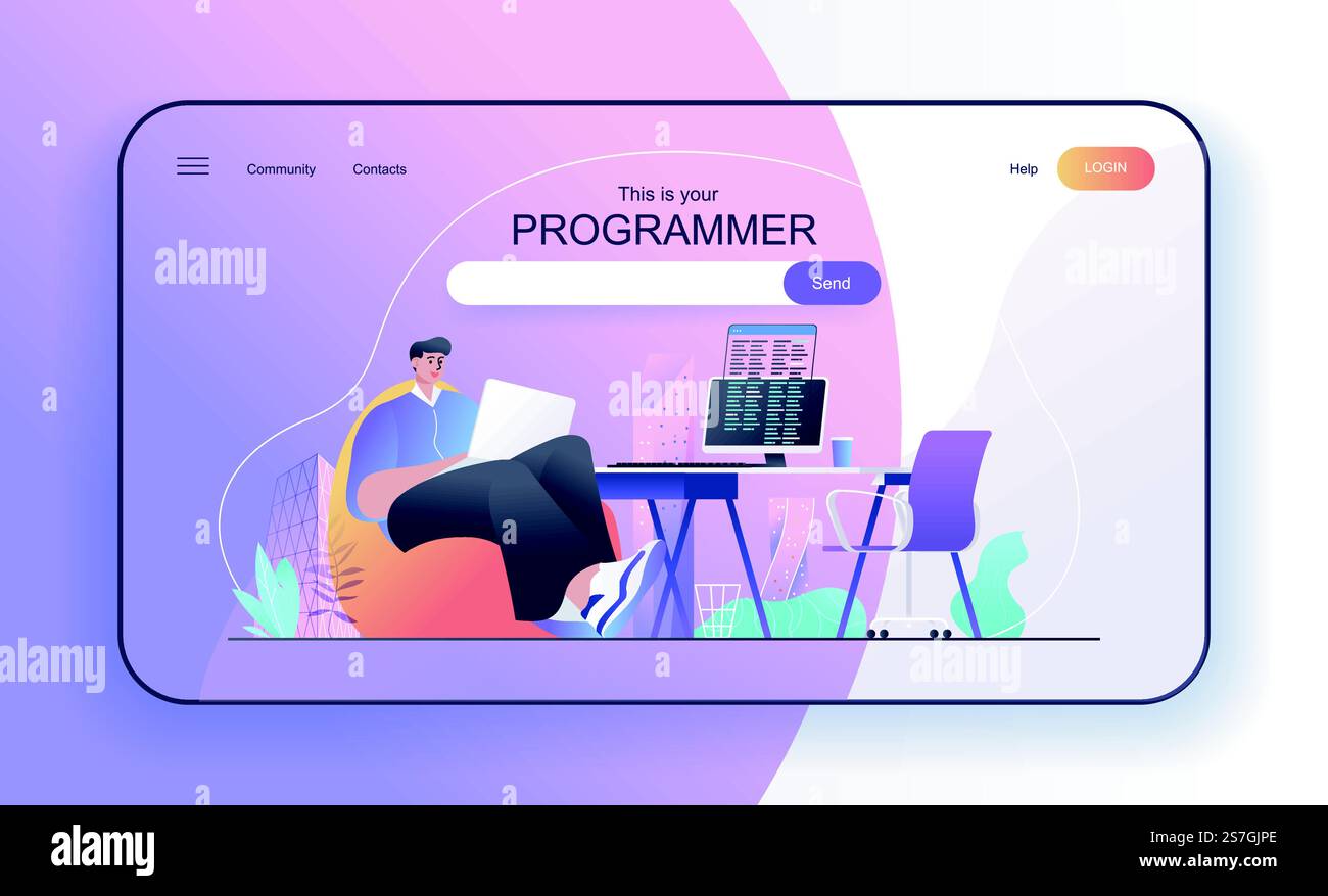 This is your Programmer concept for landing page. Developer works at laptop, writes code on computer, creates programs web banner template. Vector illustration in flat cartoon design for web page Stock Vector