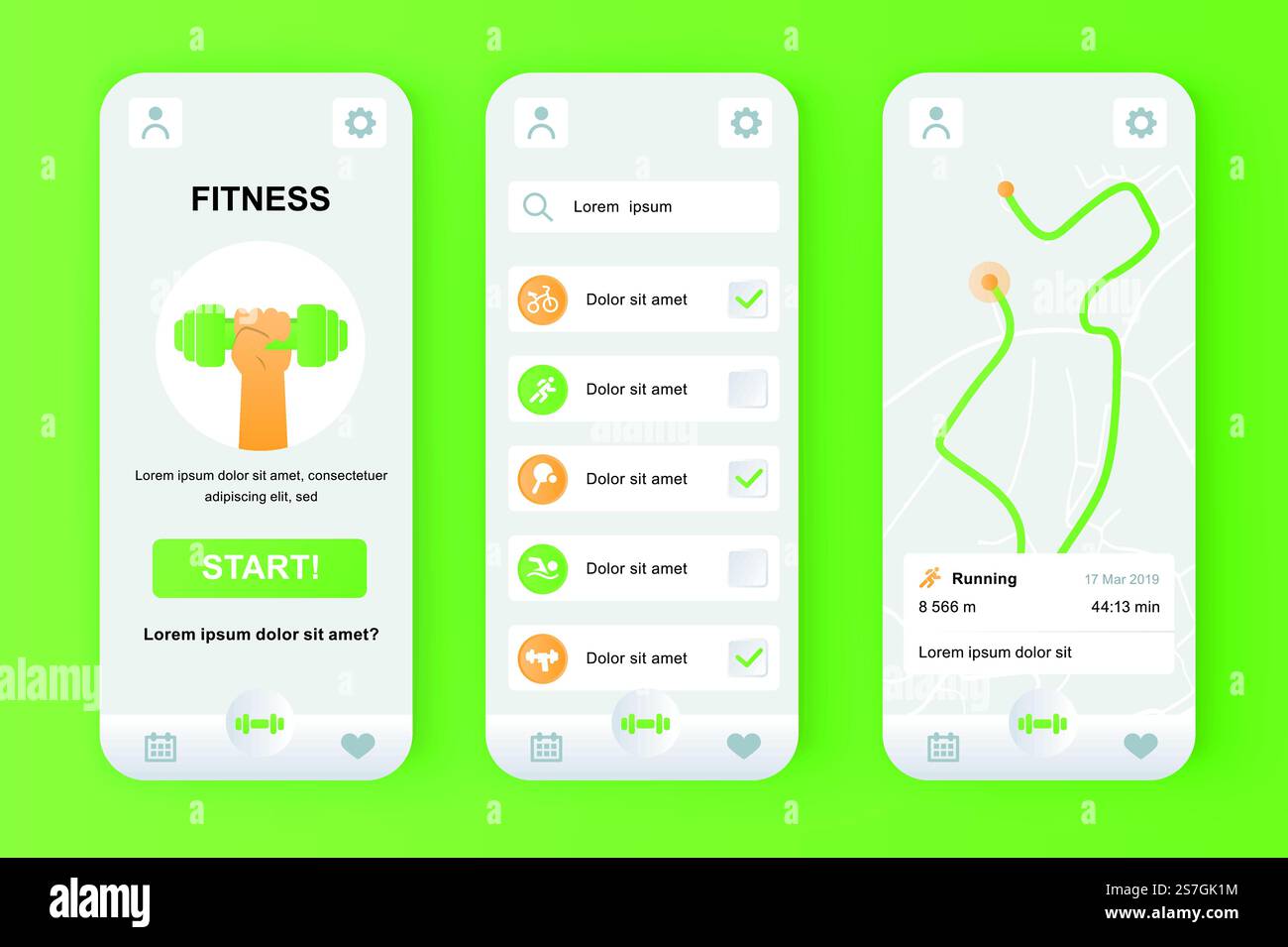 Fitness monitor unique neomorphic design kit for mobile app. Personal ...