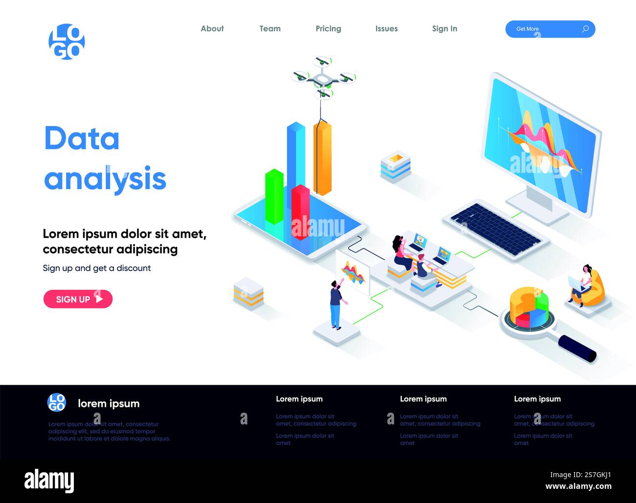 Data analysis isometric landing page. Financial data analysis, management and optimization, database structuring isometry web page. Website flat template, vector illustration with people characters. Stock Vector