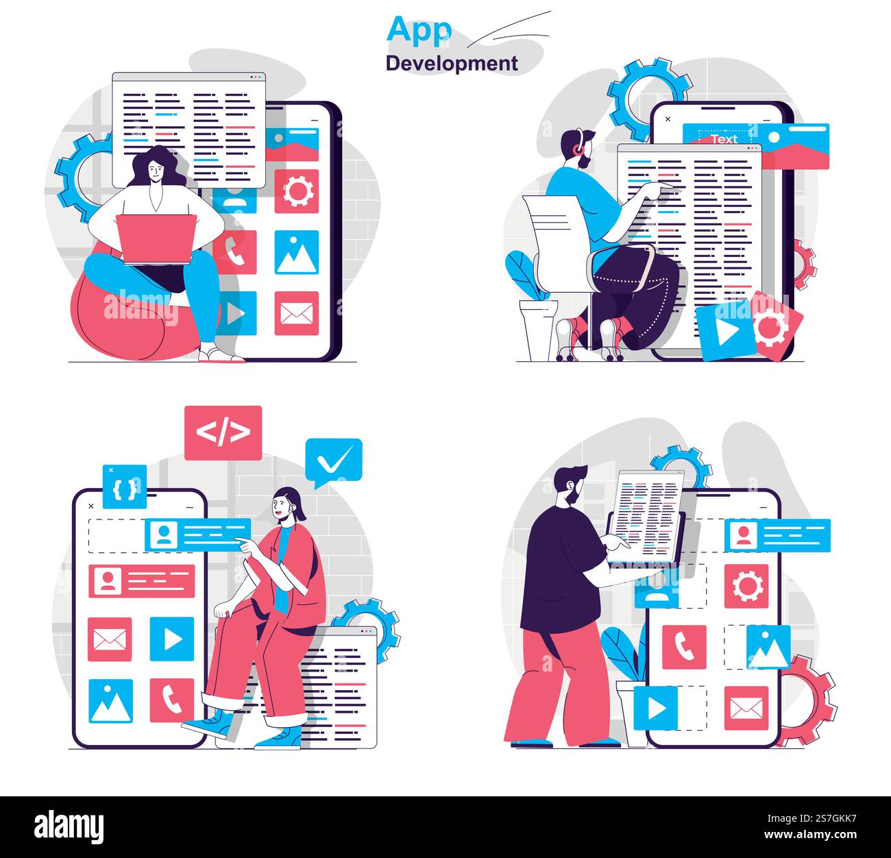 App development concept set. Developers write code, testing, create page layout. People isolated scenes in flat design. Vector illustration for blogging, website, mobile app, promotional materials. Stock Vector