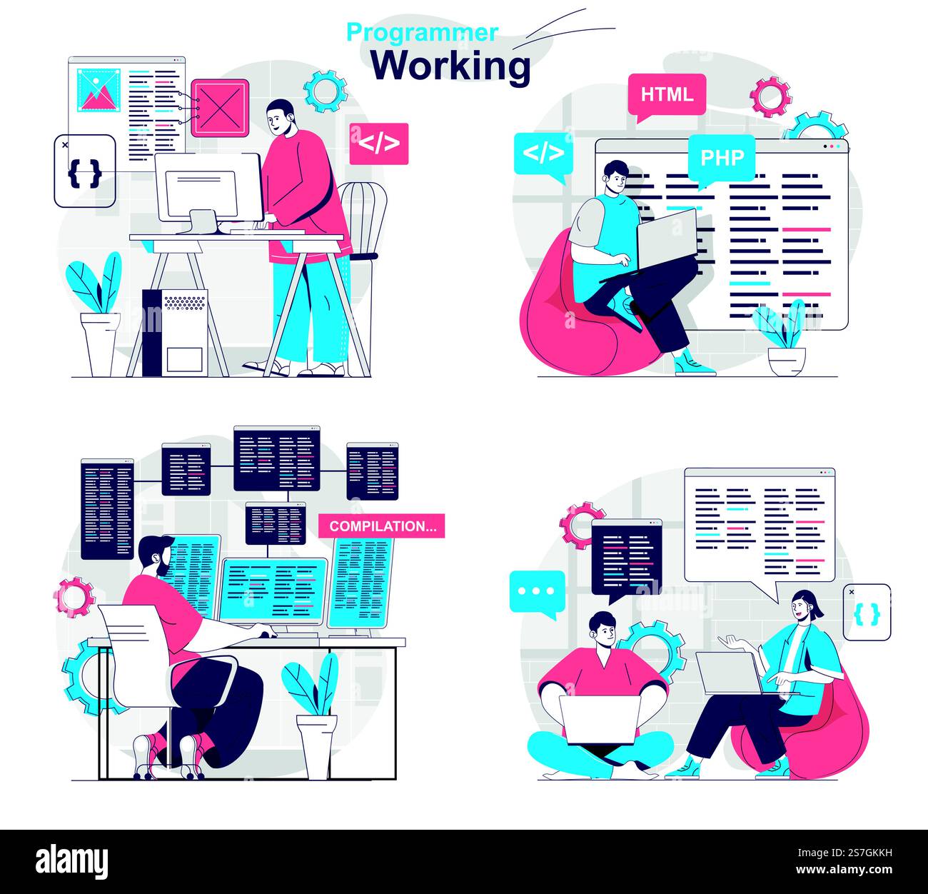Programmer working concept set. Developer creates software and tests programs. People isolated scenes in flat design. Vector illustration for blogging, website, mobile app, promotional materials. Stock Vector