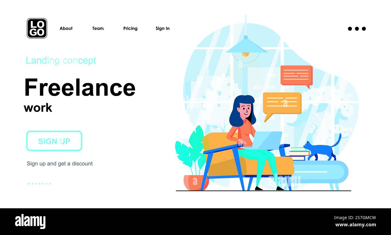 Freelance work web concept. Woman working on laptop from home office ...