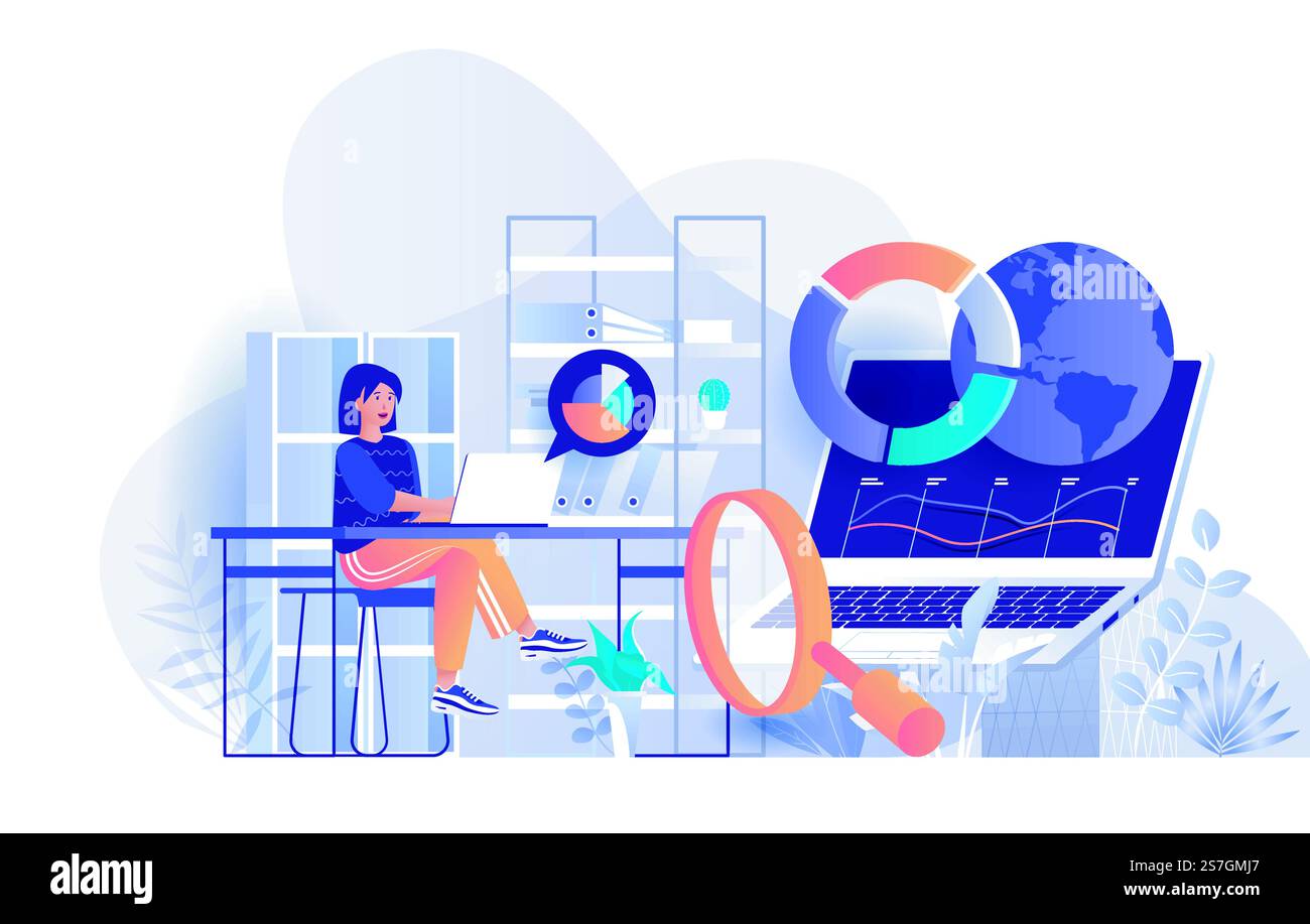 Stats Image Work Woman works charts laptop Stock Vector Images - Alamy