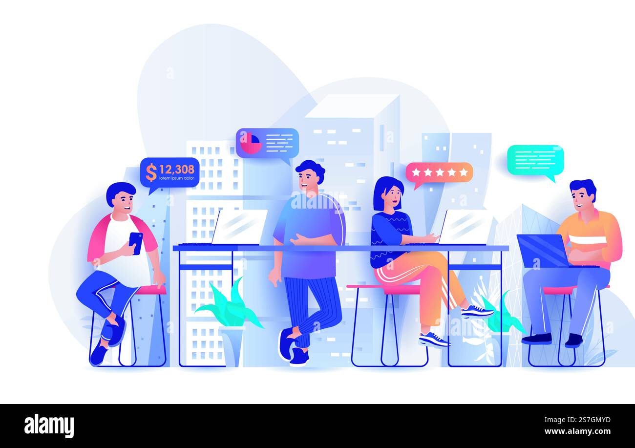 Open space office concept in flat design. Colleagues work in coworking ...
