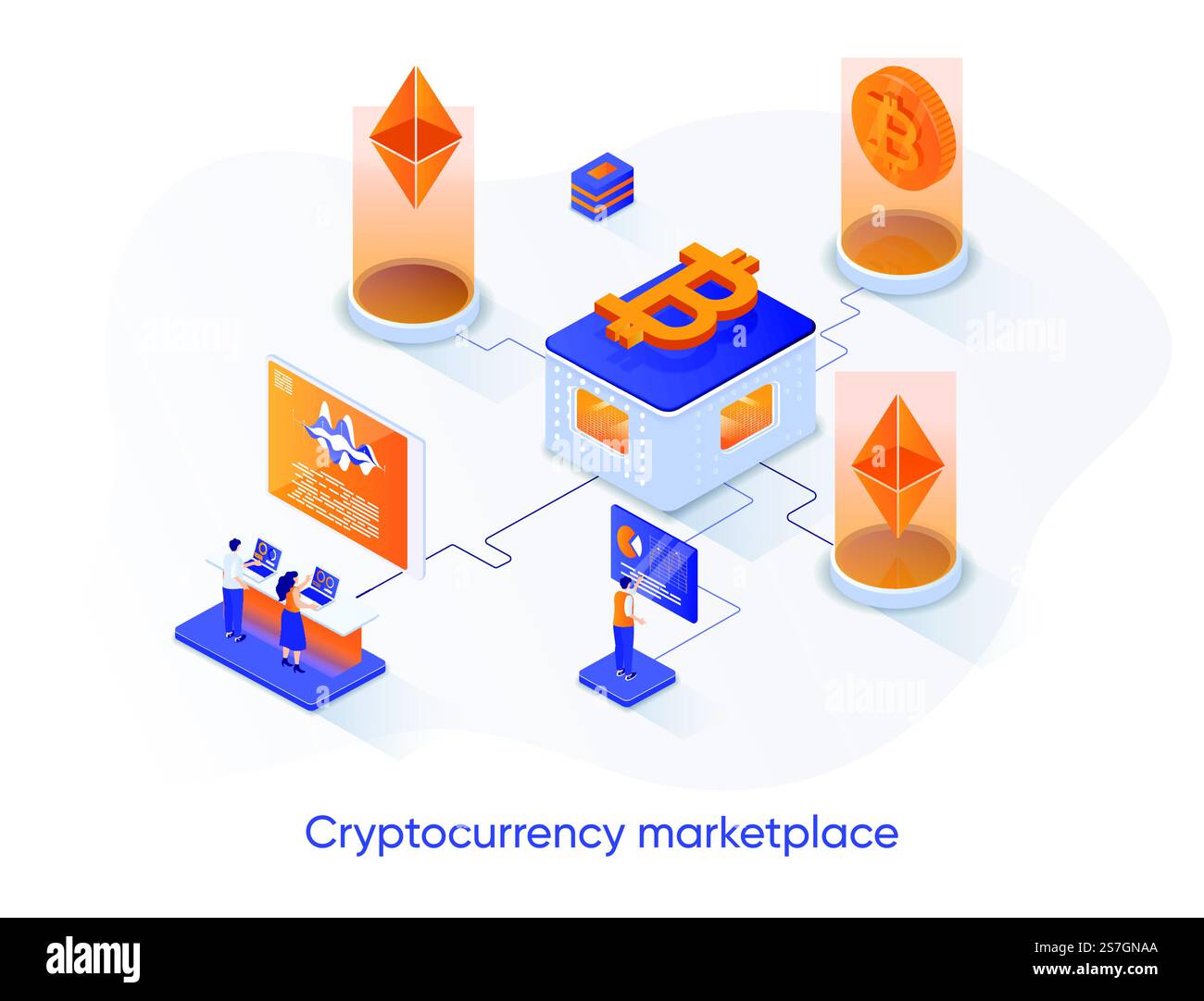 Cryptocurrency marketplace banner. Concept of online crypto currency  exchange or transaction with blockchain and digital money. Vector landing  page with isometric stacks of coins in web market Stock Vector Image & Art -