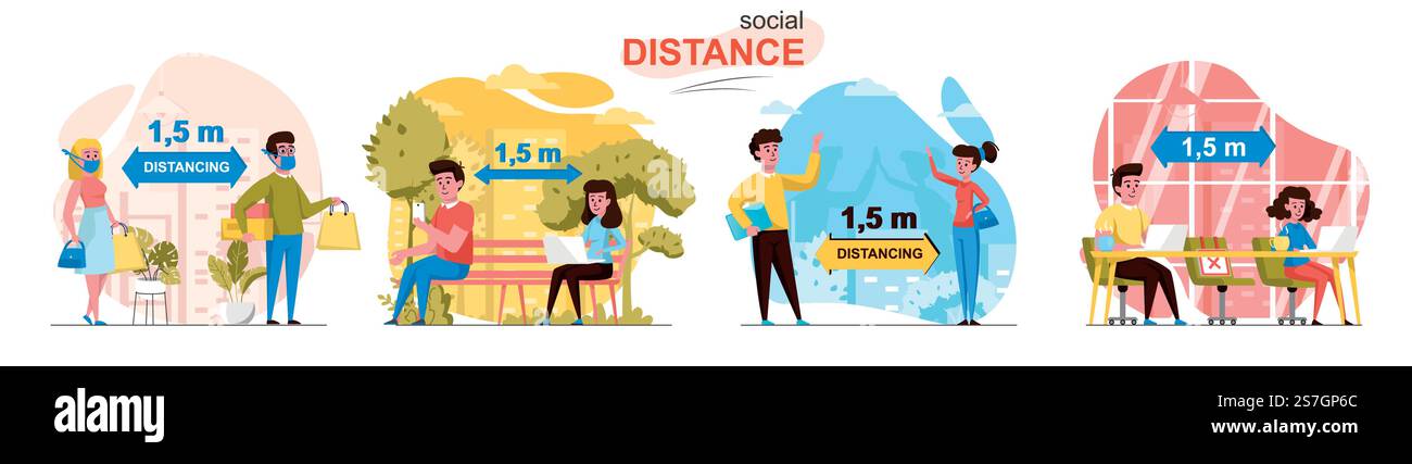 Social distance concept scenes set. Man and woman keep distance of 1.5 meters at shopping, in park, in cafe, greeting. Collection of people activities. Vector illustration of characters in flat design Stock Vector