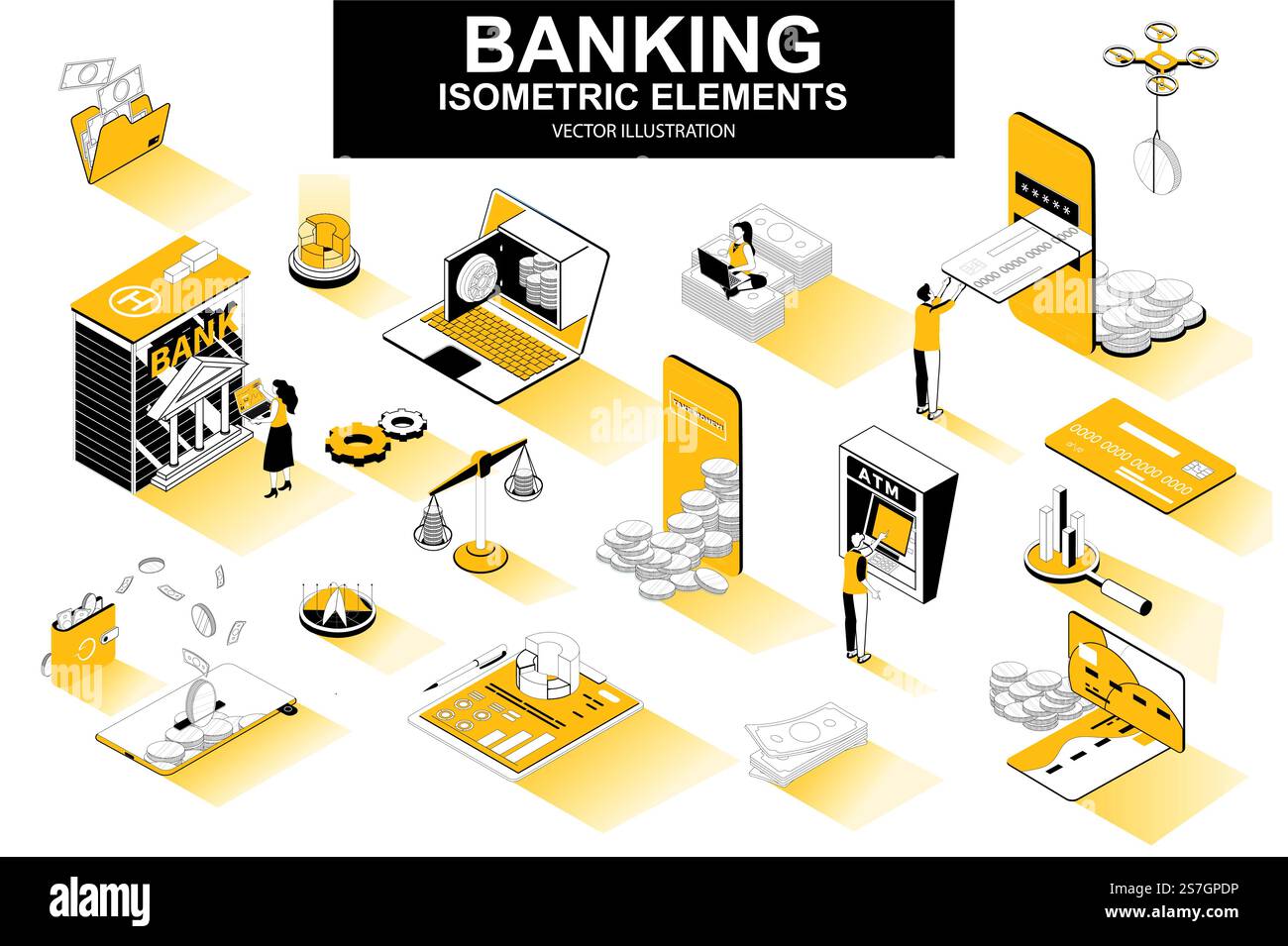 Banking services bundle of isometric elements. Digital wallet, bank ...