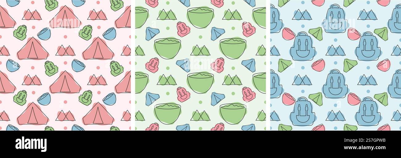 Set of Summer Camp Seamless Pattern Design of Camping and Traveling in ...