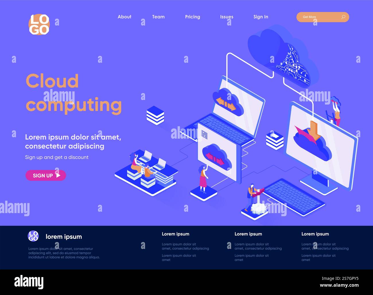 Cloud computing isometric landing page. Hosting platform, big data processing, cloud database administration isometry web page. Website flat template, vector illustration with people characters. Stock Vector