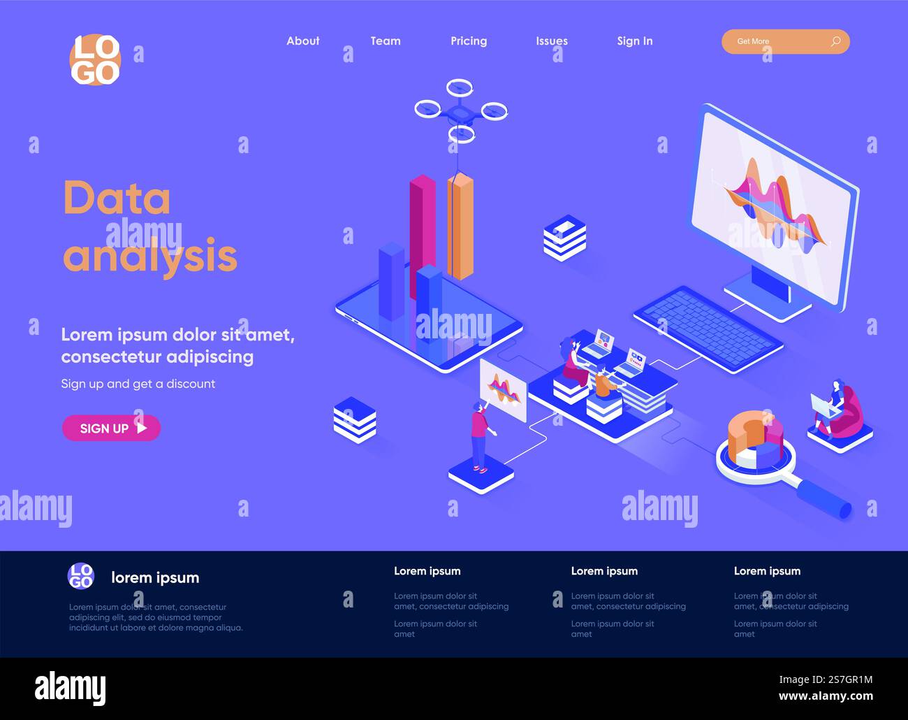 Data analysis isometric landing page. Financial data analysis, management and optimization, database structuring isometry web page. Website flat template, vector illustration with people characters. Stock Vector