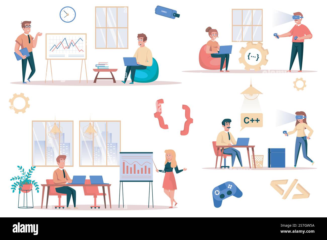 Game developer working isolated elements set. Bundle of employees analyze data, programmers write code, work on projects, gaming industry. Creator kit for vector illustration in flat cartoon design Stock Vector