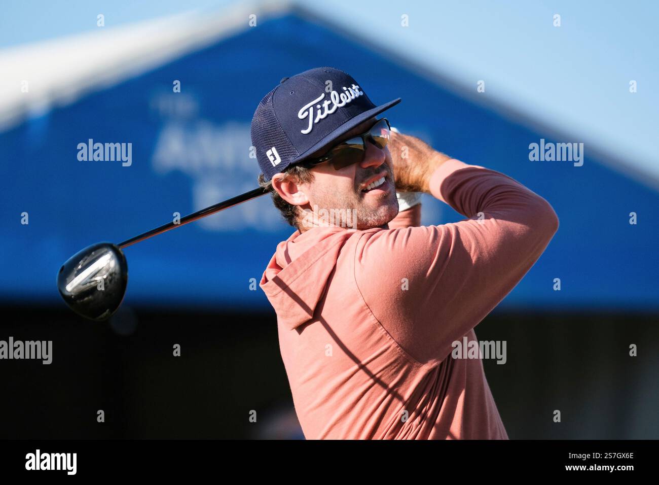 Lanto Griffin hits from the first tee at the Pete Dye Stadium Course