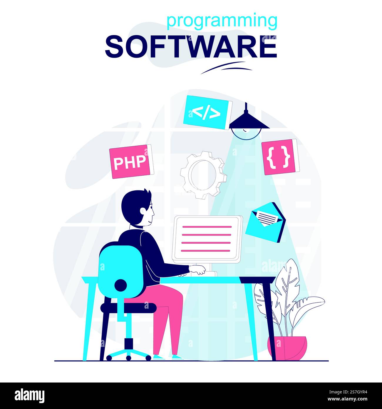 Programming software isolated cartoon concept. Developer programs in php language at computer people scene in flat design. Vector illustration for blogging, website, mobile app, promotional materials. Stock Vector