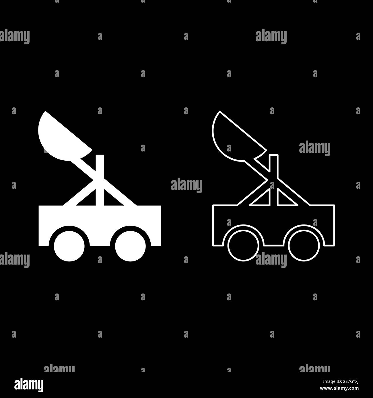 Catapult medieval siege ejection seat set icon white color vector illustration image simple solid fill outline contour line thin flat style. Catapult medieval siege ejection seat set icon white color vector illustration image solid fill outline contour line thin flat style Stock Vector